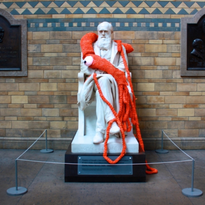 Plarchie the Knitted Giant Squid with Charles Darwin at the Natural History Museum, London (2011) by Deadly Knitshade